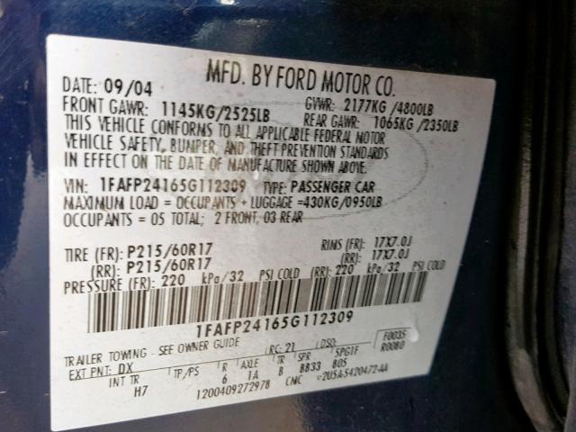 1FAFP24165G112309 - 2005 FORD FIVE HUNDR BLUE photo 10