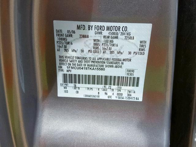 1FMCU04197KA15580 - 2007 FORD ESCAPE LIM GRAY photo 10