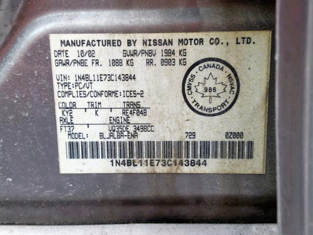 1N4BL11E73C143844 - 2003 NISSAN ALTIMA SE BROWN photo 10