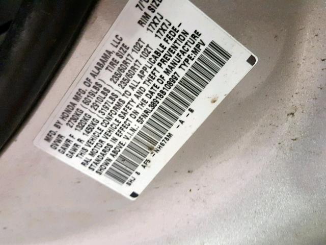 5FNRL38918B108997 - 2008 HONDA ODYSSEY TO SILVER photo 10