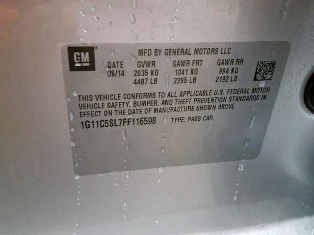 1G11C5SL7FF116598 - 2015 CHEVROLET MALIBU 1LT ვერცხლისფერი ფოტო 10