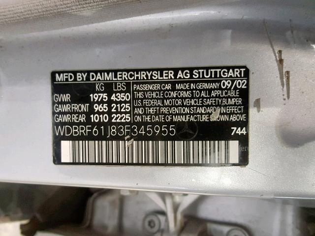 WDBRF61J83F345955 - 2003 MERCEDES-BENZ C 240 SILVER photo 10