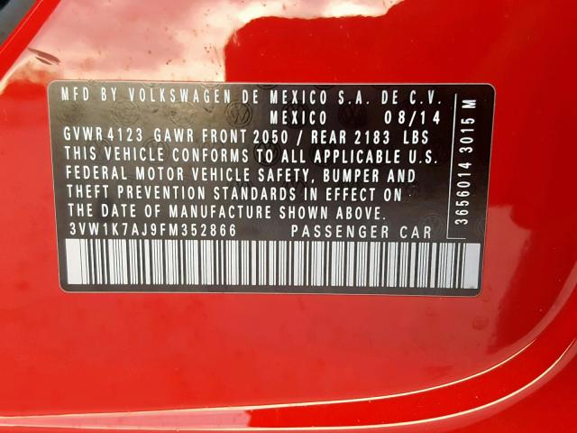 3VW1K7AJ9FM352866 - 2015 VOLKSWAGEN JETTA BASE Կարմիր լուսանկար 10