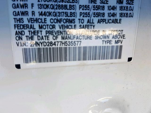 2HNYD28477H535577 - 2007 ACURA MDX TECHNO WHITE photo 10