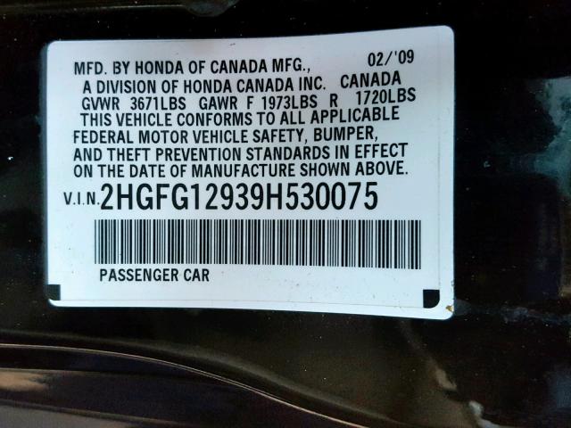 2HGFG12939H530075 - 2009 HONDA CIVIC EXL BLACK photo 10