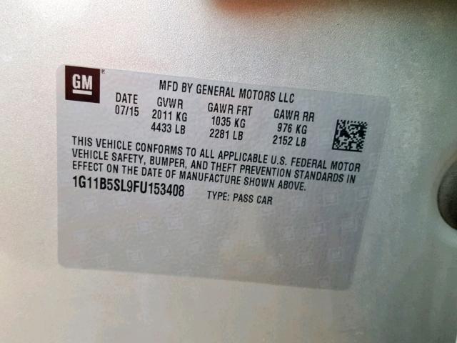 1G11B5SL9FU153408 - 2015 CHEVROLET MALIBU LS ვერცხლისფერი ფოტო 10