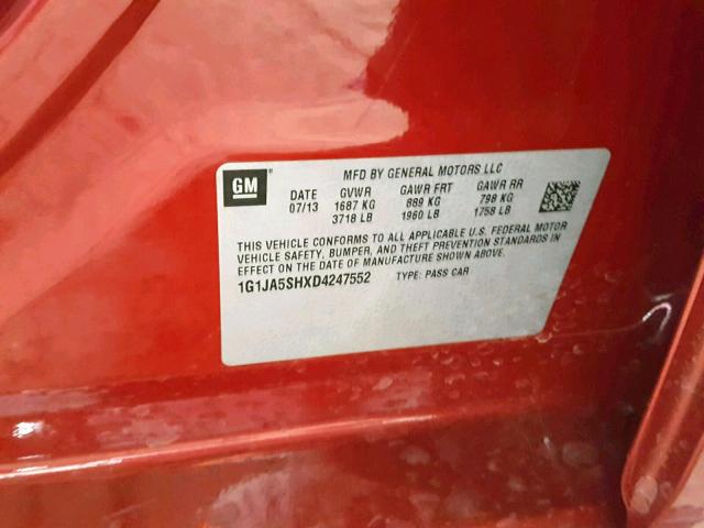 1G1JA5SHXD4247552 - 2013 CHEVROLET SONIC LS 红色 照片 10