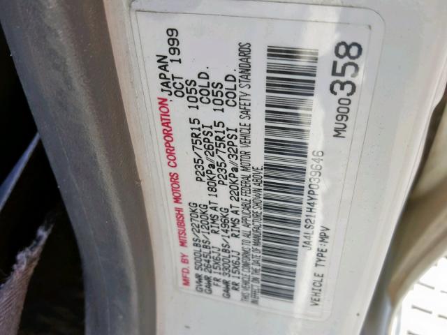 JA4LS21H4YP039646 - 2000 MITSUBISHI MONTERO SP WHITE photo 10