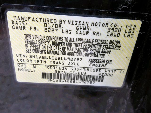 3N1AB61E28L692727 - 2008 NISSAN SENTRA 2.0 BLACK photo 10