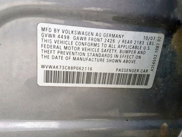 WVWAK73C88P062116 - 2008 VOLKSWAGEN PASSAT KOM GRAY photo 10