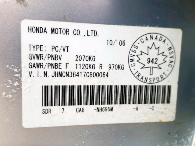 JHMCN36417C800064 - 2007 HONDA ACCORD HYB SILVER photo 10