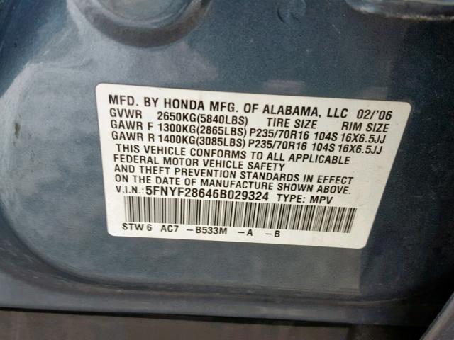 5FNYF28646B029324 - 2006 HONDA PILOT EX BLUE photo 10