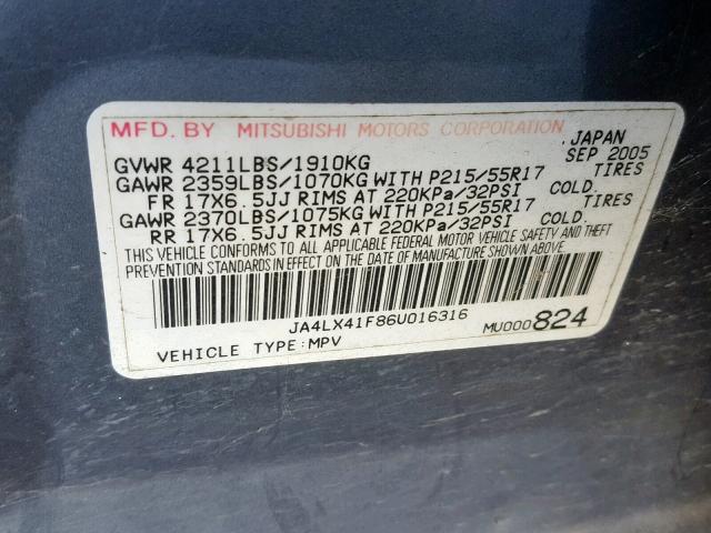 JA4LX41F86U016316 - 2006 MITSUBISHI OUTLANDER GRAY photo 10