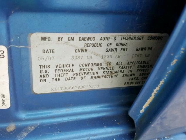 KL1TD66678B015313 - 2008 CHEVROLET AVEO BASE ლურჯი ფოტო 10