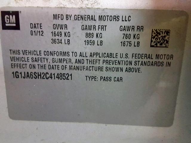 1G1JA6SH2C4148521 - 2012 CHEVROLET SONIC LS 银色 照片 10