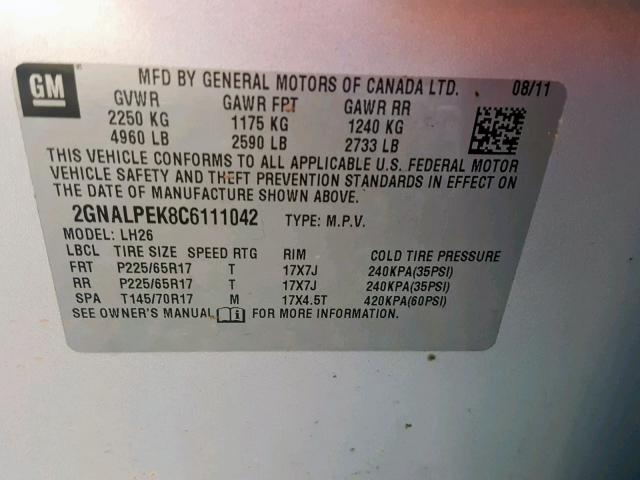 2GNALPEK8C6111042 - 2012 CHEVROLET EQUINOX LT SILVER photo 10