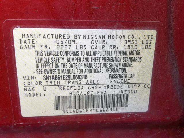 3N1AB61E29L668316 - 2009 NISSAN SENTRA 2.0 RED photo 10