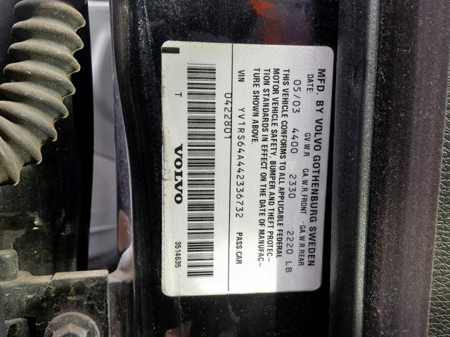 YV1RS64A442336732 - 2004 VOLVO S60 BLACK photo 10