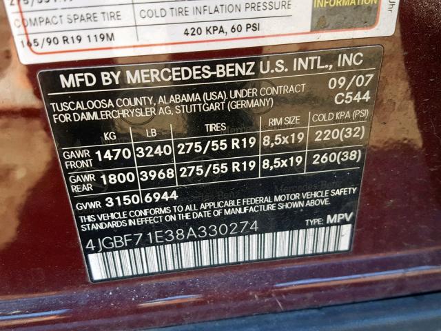 4JGBF71E38A330274 - 2008 MERCEDES-BENZ GL 450 4MA MAROON photo 10