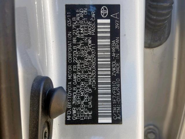 JTDKN3DUXB0293711 - 2011 TOYOTA PRIUS SILVER photo 10