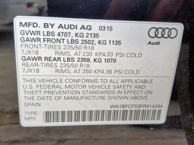 WA1BFCFS3FR014264 - 2015 AUDI Q3 PREMIUM BLACK photo 10