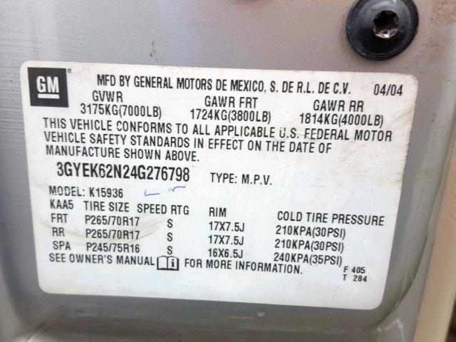 3GYEK62N24G276798 - 2004 CADILLAC ESCALADE E SILVER photo 10