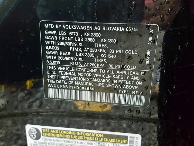 WVGEF9BP1FD007569 - 2015 VOLKSWAGEN TOUAREG V6 BLACK photo 10