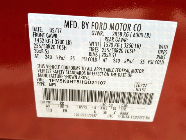 1FM5K8HT5HGD21107 - 2017 FORD EXPLORER P MAROON photo 10