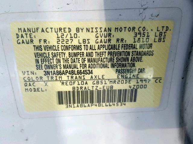 3N1AB6AP4BL664534 - 2011 NISSAN SENTRA 2.0 WHITE photo 10