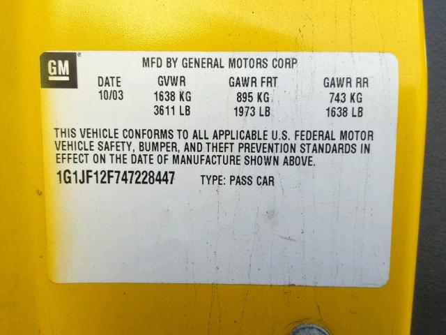 1G1JF12F747228447 - 2004 CHEVROLET CAVALIER L YELLOW photo 10