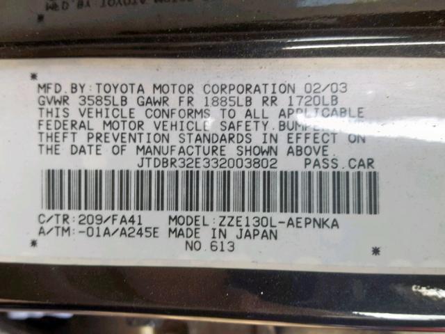 JTDBR32E332003802 - 2003 TOYOTA COROLLA CE BLACK photo 10