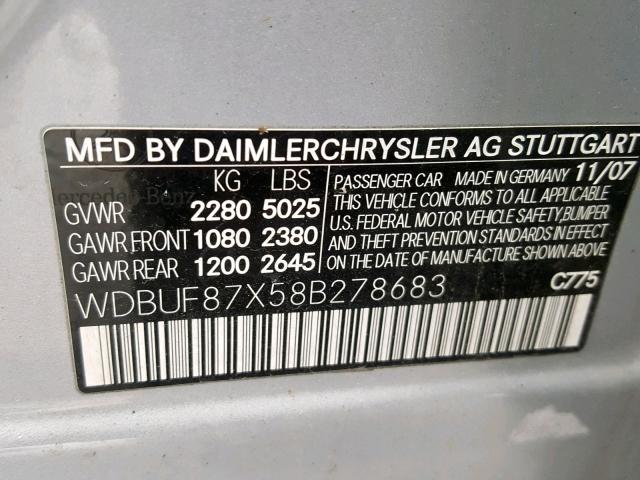 WDBUF87X58B278683 - 2008 MERCEDES-BENZ E 350 4MAT SILVER photo 10