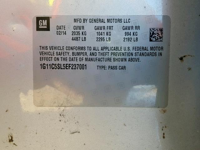 1G11C5SL5EF237001 - 2014 CHEVROLET MALIBU 1LT ვერცხლისფერი ფოტო 10