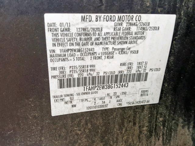 1FAHP2EW3BG152443 - 2011 FORD TAURUS SEL GRAY photo 10