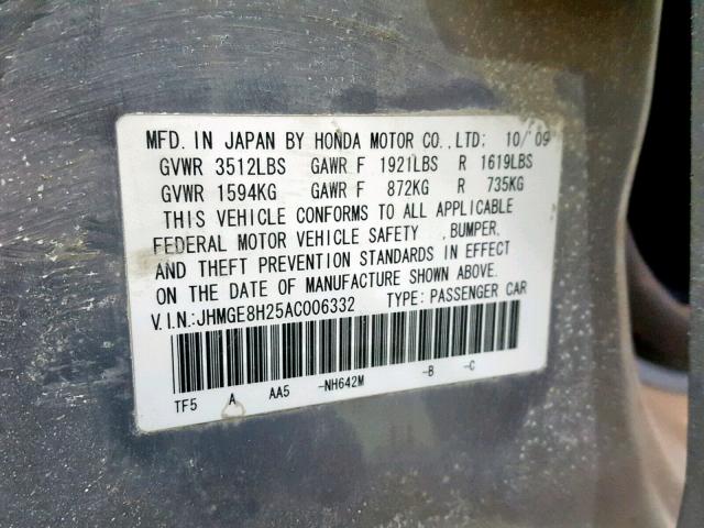 JHMGE8H25AC006332 - 2010 HONDA FIT SILVER photo 10