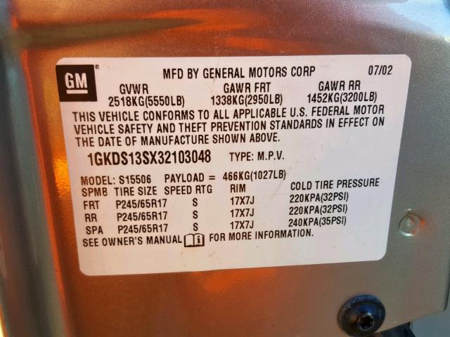 1GKDS13SX32103048 - 2003 GMC ENVOY TAN photo 10