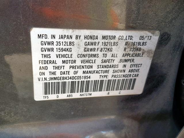 JHMGE8H34DC051954 - 2013 HONDA FIT GRAY photo 10