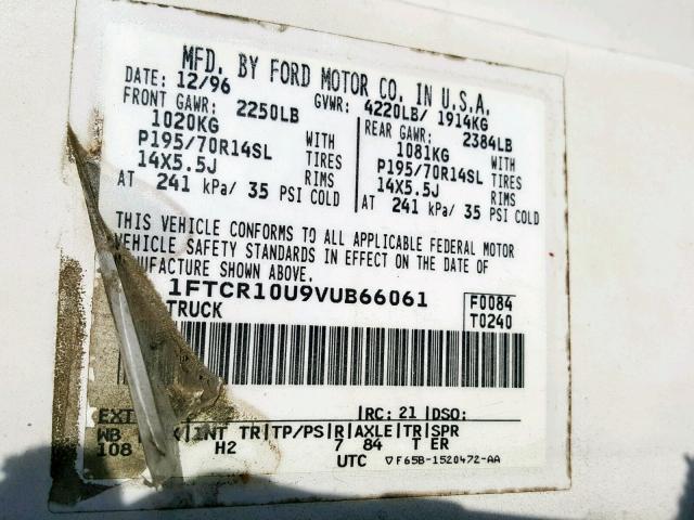 1FTCR10U9VUB66061 - 1997 FORD RANGER WHITE photo 10