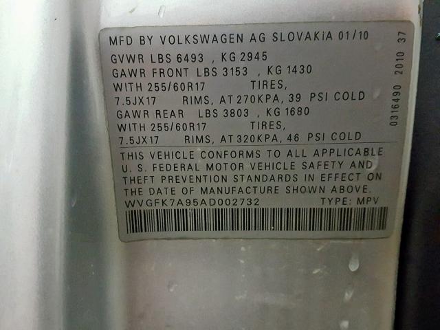 WVGFK7A95AD002732 - 2010 VOLKSWAGEN TOUAREG TD SILVER photo 10