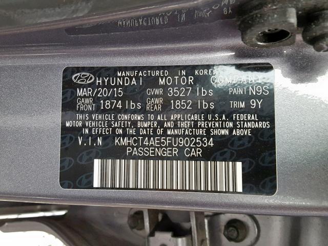 KMHCT4AE5FU902534 - 2015 HYUNDAI ACCENT GLS GRAY photo 10