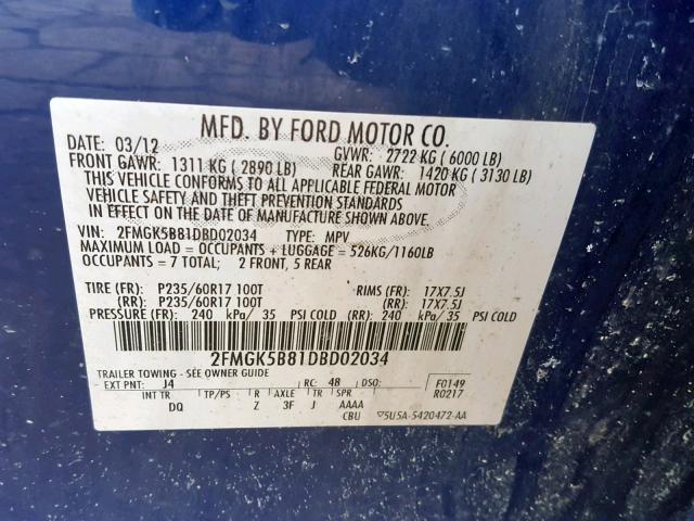 2FMGK5B81DBD02034 - 2013 FORD FLEX SE BLUE photo 10