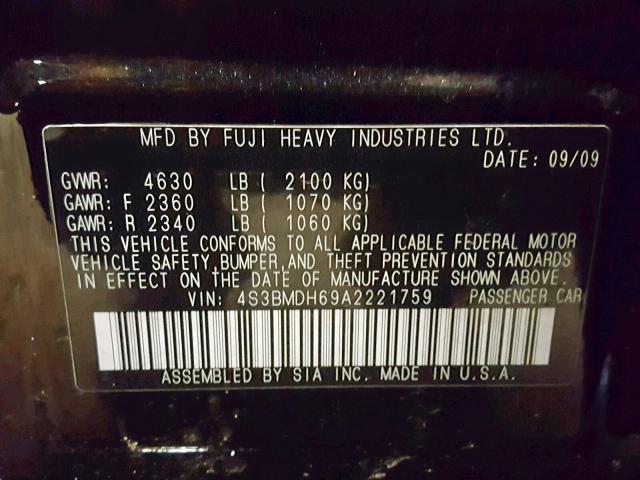 4S3BMDH69A2221759 - 2010 SUBARU LEGACY 3.6 BLACK photo 10