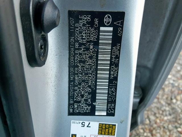 JTDKB20U783349412 - 2008 TOYOTA PRIUS SILVER photo 10