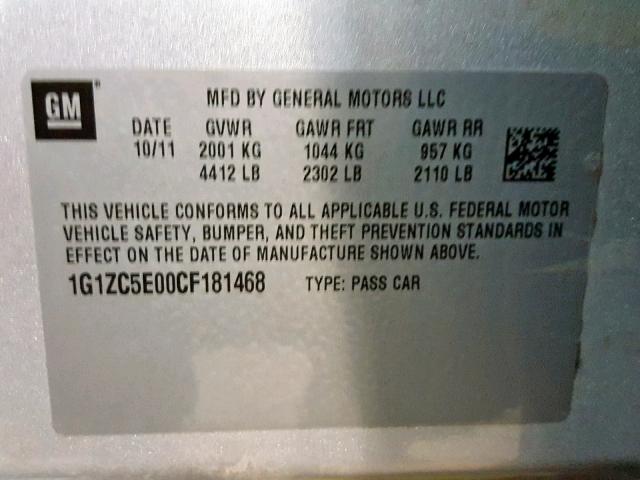 1G1ZC5E00CF181468 - 2012 CHEVROLET MALIBU 1LT 银色 照片 10