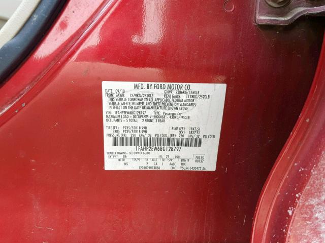 1FAHP2EW6BG128797 - 2011 FORD TAURUS SEL RED photo 10