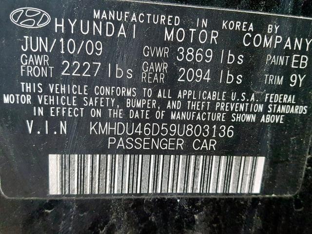 KMHDU46D59U803136 - 2009 HYUNDAI ELANTRA GL BLACK photo 10