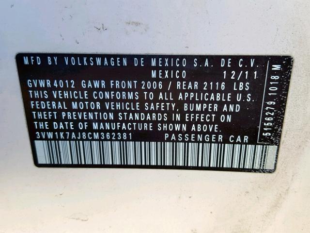 3VW1K7AJ8CM362381 - 2012 VOLKSWAGEN JETTA BASE Սպիտակ լուսանկար 10