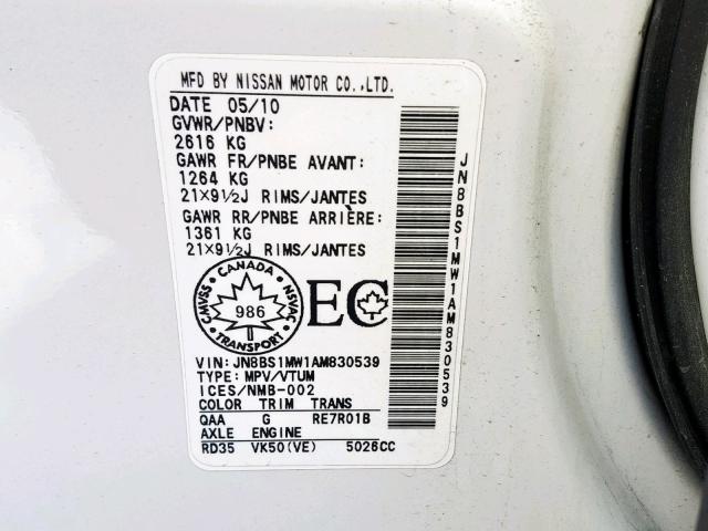 JN8BS1MW1AM830539 - 2010 INFINITI FX50 WHITE photo 10