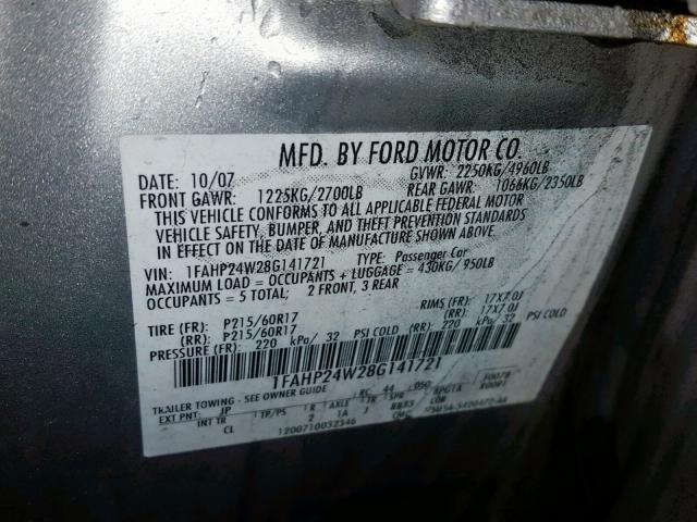 1FAHP24W28G141721 - 2008 FORD TAURUS SEL SILVER photo 10