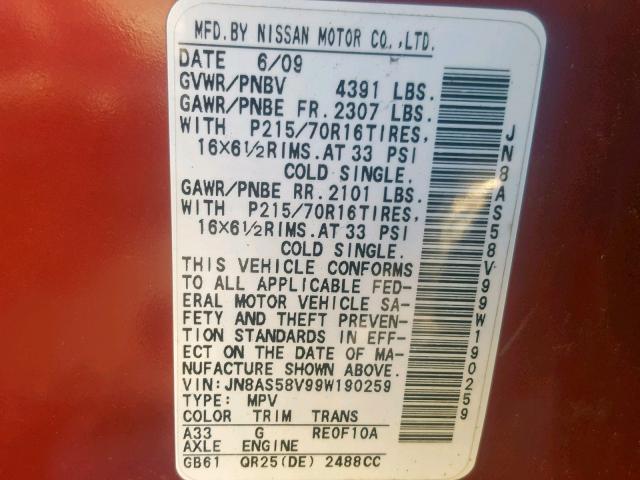 JN8AS58V99W190259 - 2009 NISSAN ROGUE S RED photo 10